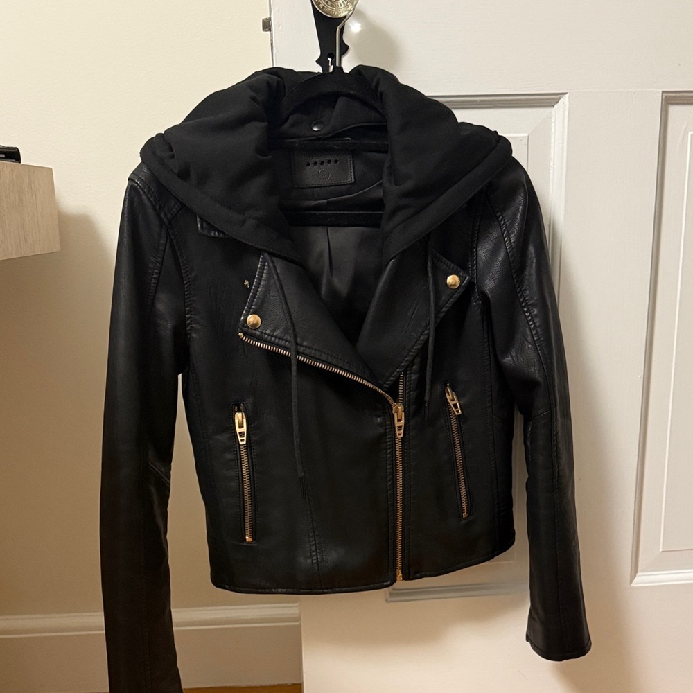 Blank NYC Black Leather Jacket with Detachable Hood